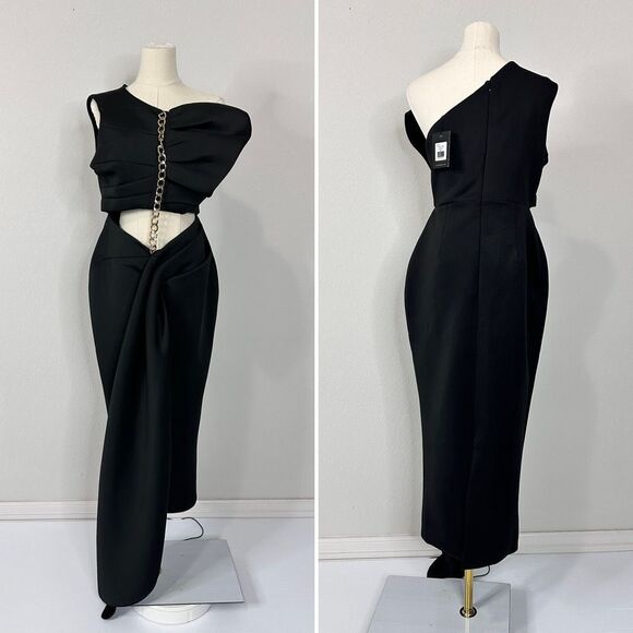 Eliya The Label Valorie Dress Black One Shoulder Chain Detail Aus L/ US M Glam - Picture 4 of 11